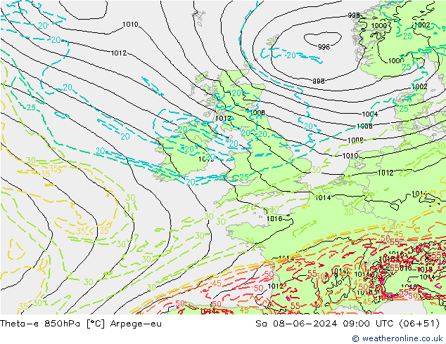 Theta-e 850hPa Arpege-eu Sáb 08.06.2024 09 UTC