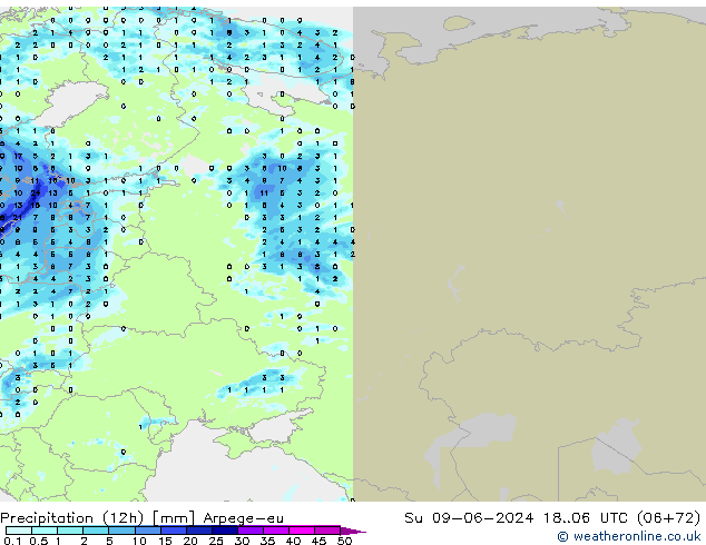 Precipitation (12h) Arpege-eu Su 09.06.2024 06 UTC