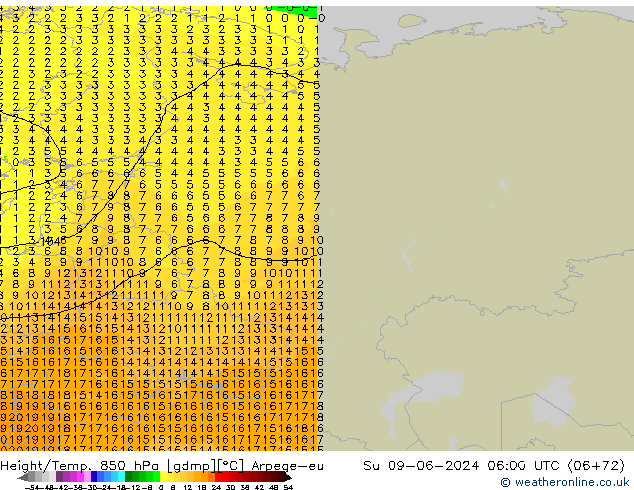 Geop./Temp. 850 hPa Arpege-eu dom 09.06.2024 06 UTC