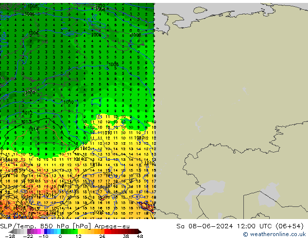 SLP/Temp. 850 hPa Arpege-eu so. 08.06.2024 12 UTC