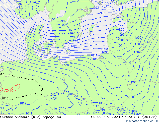 Pressione al suolo Arpege-eu dom 09.06.2024 06 UTC