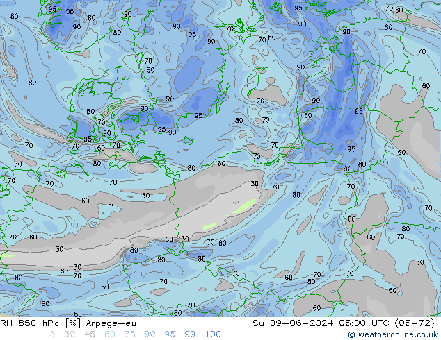 RH 850 hPa Arpege-eu Dom 09.06.2024 06 UTC