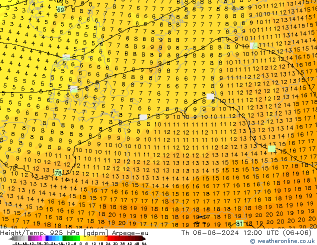 Height/Temp. 925 hPa Arpege-eu Čt 06.06.2024 12 UTC