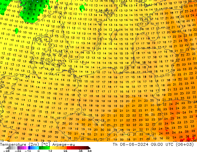 Sıcaklık Haritası (2m) Arpege-eu Per 06.06.2024 09 UTC