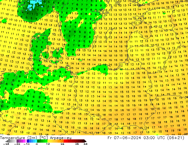 Temperatuurkaart (2m) Arpege-eu vr 07.06.2024 03 UTC