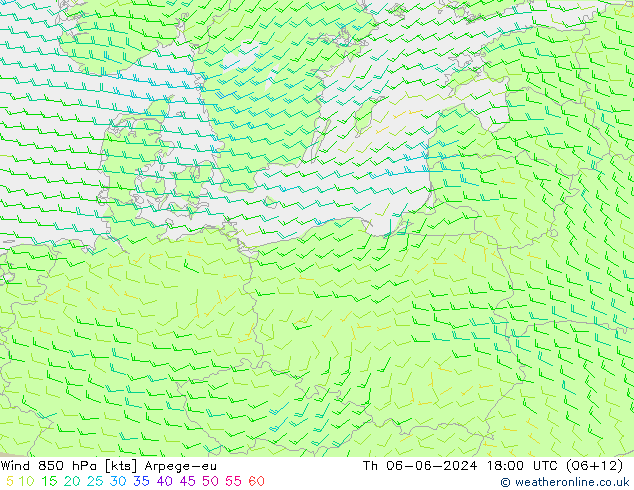 Wind 850 hPa Arpege-eu Th 06.06.2024 18 UTC