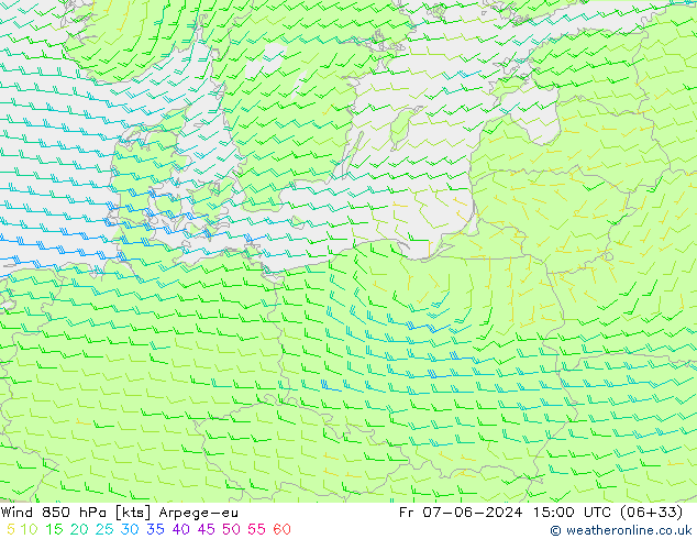 Vent 850 hPa Arpege-eu ven 07.06.2024 15 UTC