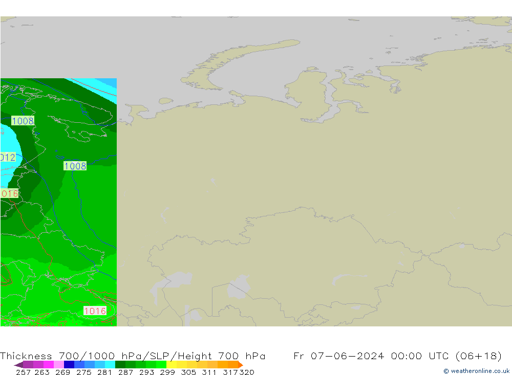 Thck 700-1000 hPa Arpege-eu pt. 07.06.2024 00 UTC