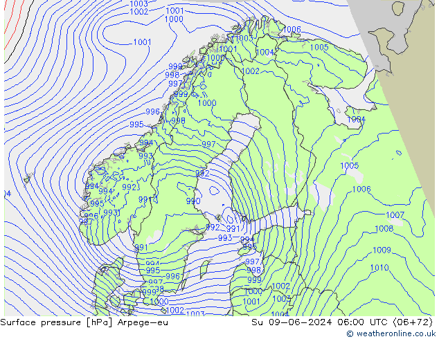 Atmosférický tlak Arpege-eu Ne 09.06.2024 06 UTC