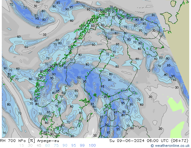 RH 700 hPa Arpege-eu Dom 09.06.2024 06 UTC