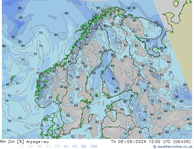 Humidité rel. 2m Arpege-eu jeu 06.06.2024 12 UTC