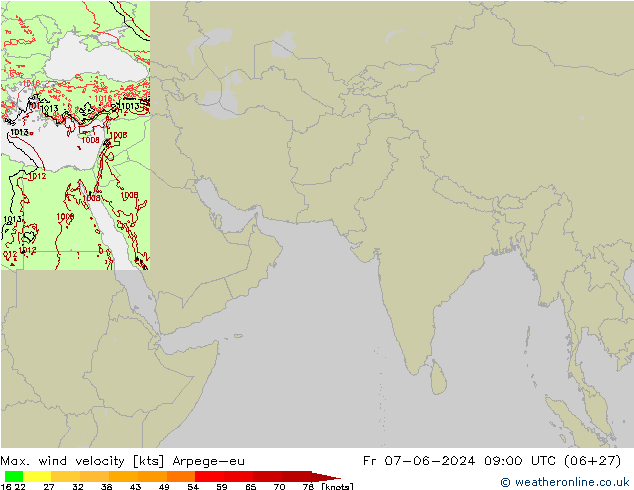 Max. wind velocity Arpege-eu ven 07.06.2024 09 UTC