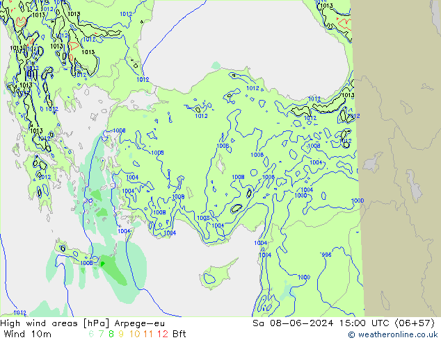 High wind areas Arpege-eu сб 08.06.2024 15 UTC