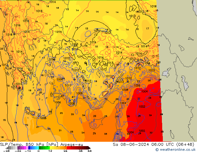 SLP/Temp. 850 hPa Arpege-eu So 08.06.2024 06 UTC