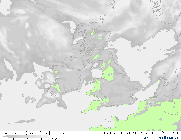 Cloud cover (middle) Arpege-eu Th 06.06.2024 12 UTC