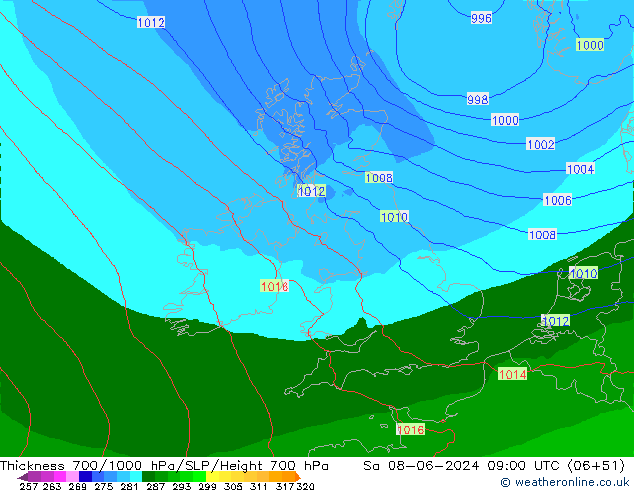 Thck 700-1000 hPa Arpege-eu Sa 08.06.2024 09 UTC