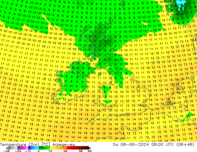 карта температуры Arpege-eu сб 08.06.2024 06 UTC