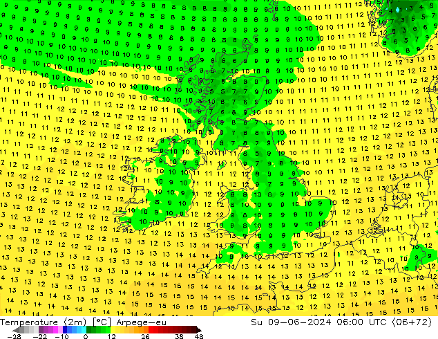 Temperatura (2m) Arpege-eu dom 09.06.2024 06 UTC