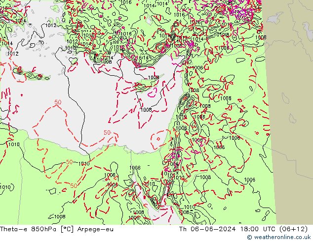 Theta-e 850hPa Arpege-eu Th 06.06.2024 18 UTC