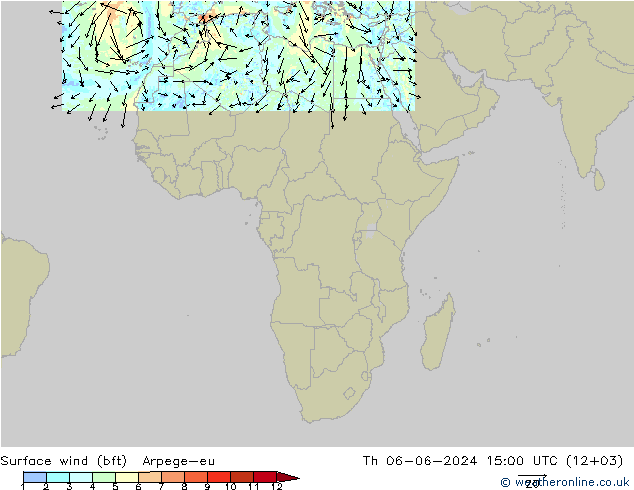 Surface wind (bft) Arpege-eu Čt 06.06.2024 15 UTC