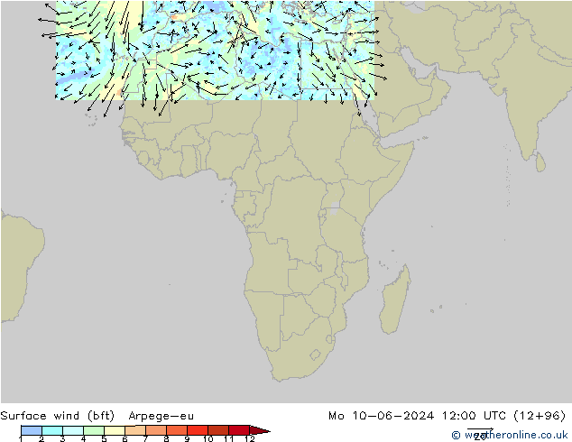 Viento 10 m (bft) Arpege-eu lun 10.06.2024 12 UTC