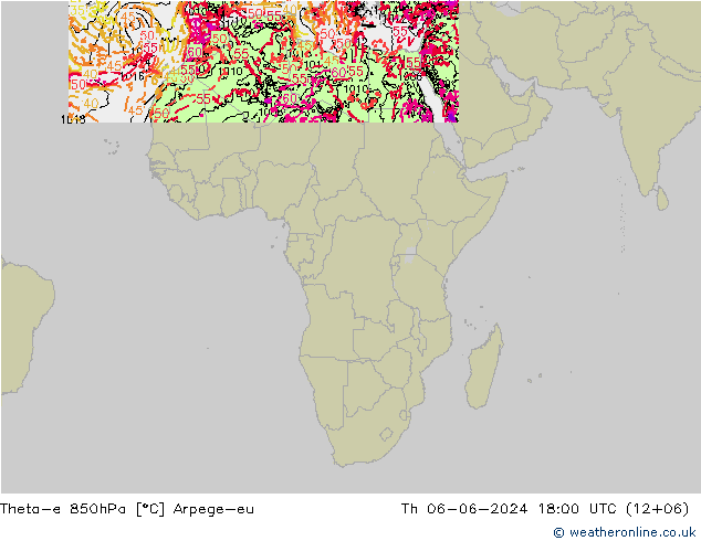 Theta-e 850hPa Arpege-eu czw. 06.06.2024 18 UTC