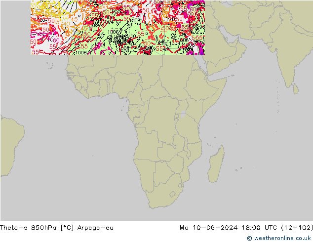 Theta-e 850hPa Arpege-eu Mo 10.06.2024 18 UTC