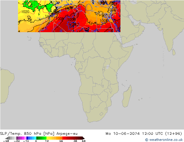 SLP/Temp. 850 hPa Arpege-eu Mo 10.06.2024 12 UTC