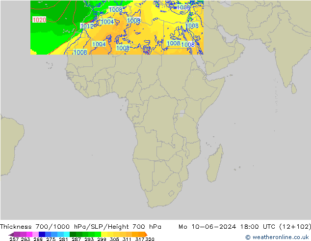 Thck 700-1000 hPa Arpege-eu Mo 10.06.2024 18 UTC