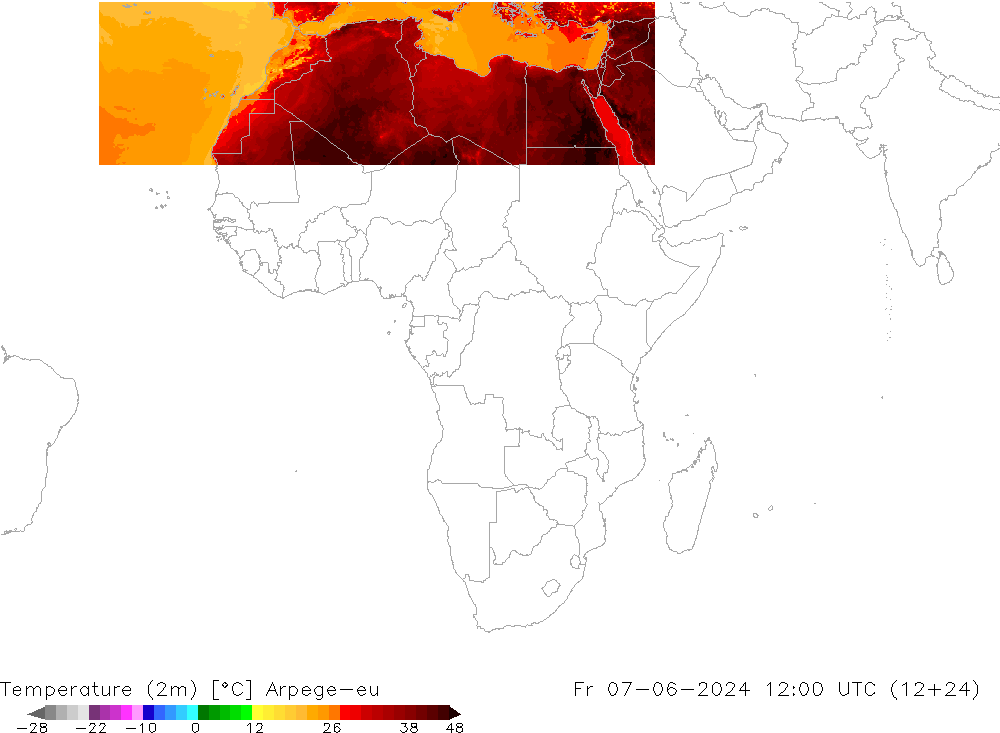 Temperatura (2m) Arpege-eu vie 07.06.2024 12 UTC