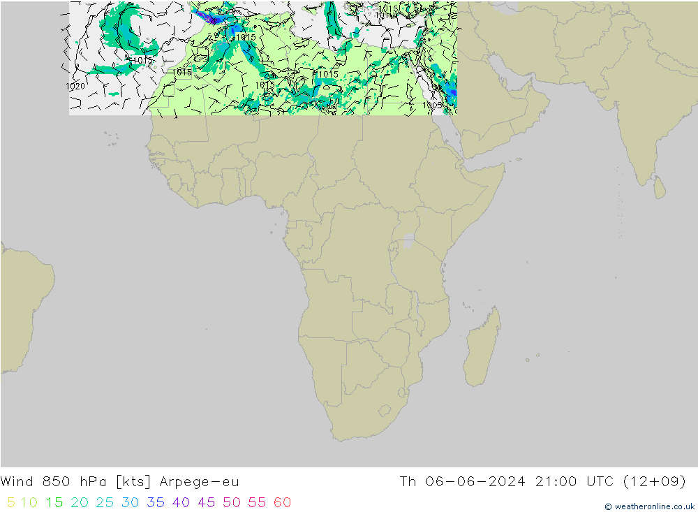 Vento 850 hPa Arpege-eu gio 06.06.2024 21 UTC