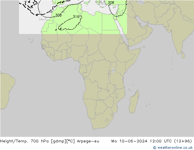 Height/Temp. 700 hPa Arpege-eu Mo 10.06.2024 12 UTC