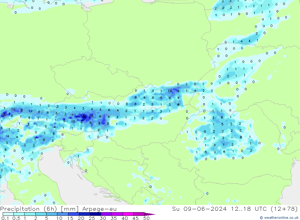 Precipitation (6h) Arpege-eu Su 09.06.2024 18 UTC