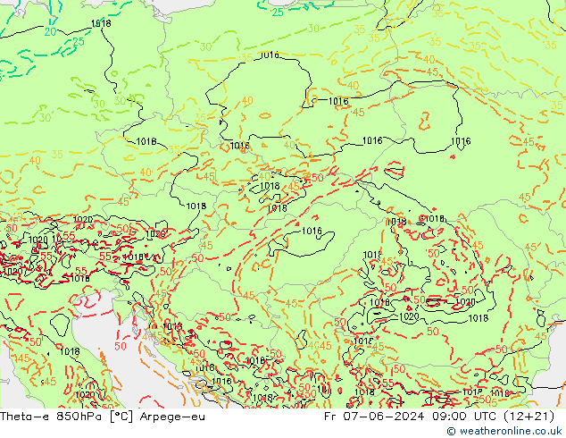 Theta-e 850hPa Arpege-eu vr 07.06.2024 09 UTC