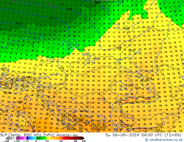 SLP/Temp. 850 hPa Arpege-eu zo 09.06.2024 09 UTC