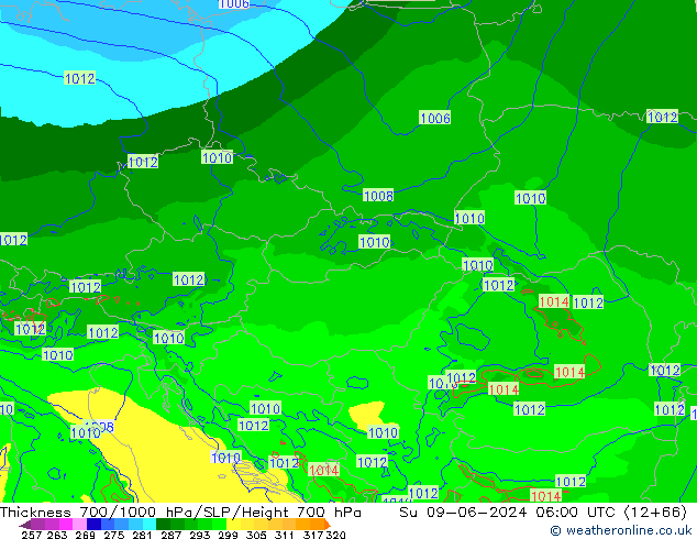 Thck 700-1000 hPa Arpege-eu Su 09.06.2024 06 UTC