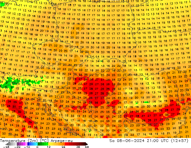 Temperatuurkaart (2m) Arpege-eu za 08.06.2024 21 UTC