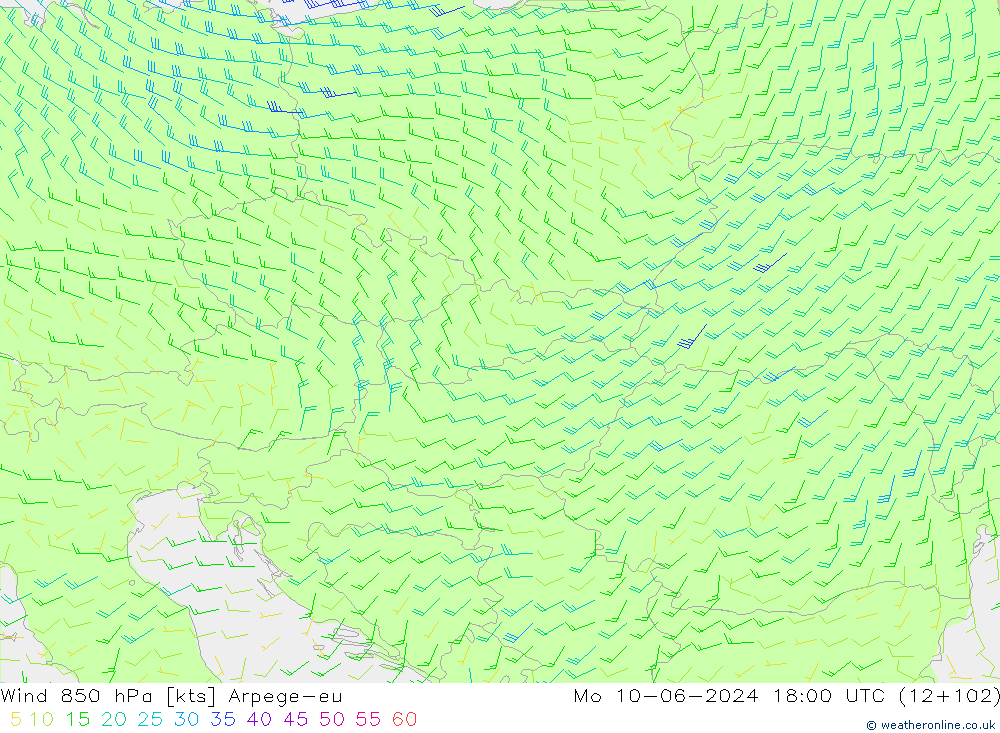 Wind 850 hPa Arpege-eu Mo 10.06.2024 18 UTC