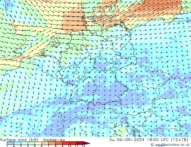 Surface wind (bft) Arpege-eu Su 09.06.2024 18 UTC