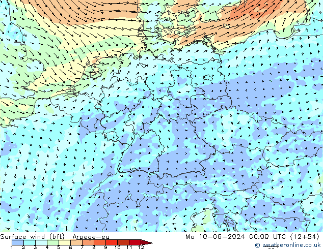 Bodenwind (bft) Arpege-eu Mo 10.06.2024 00 UTC