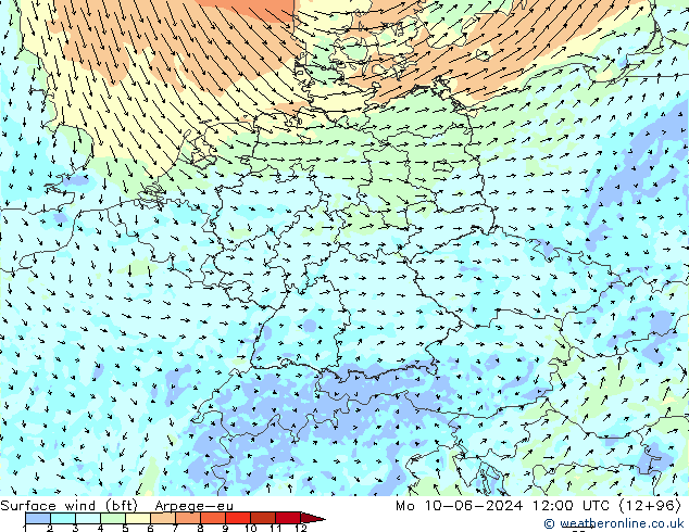 Surface wind (bft) Arpege-eu Po 10.06.2024 12 UTC