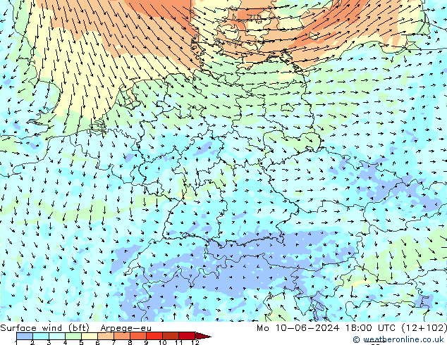 Wind 10 m (bft) Arpege-eu ma 10.06.2024 18 UTC