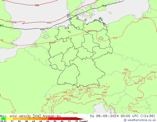 Max. wind velocity Arpege-eu So 08.06.2024 00 UTC