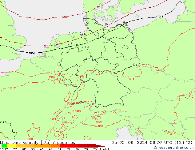 Max. wind velocity Arpege-eu  08.06.2024 06 UTC
