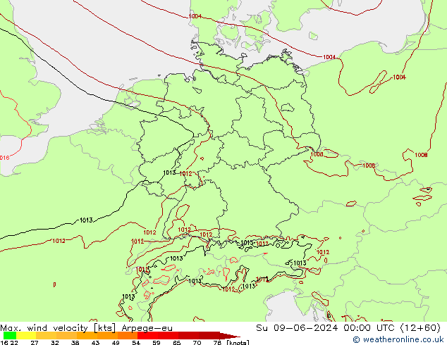 Max. wind velocity Arpege-eu Ne 09.06.2024 00 UTC