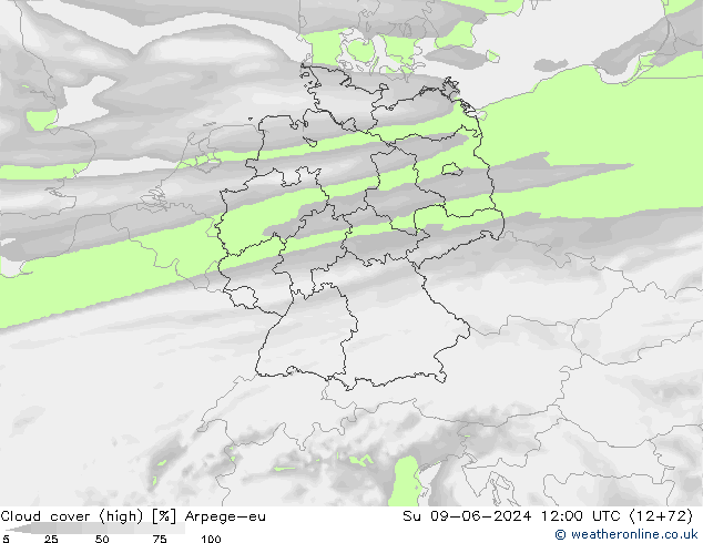 Cloud cover (high) Arpege-eu Su 09.06.2024 12 UTC