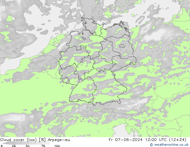 Cloud cover (low) Arpege-eu Fr 07.06.2024 12 UTC