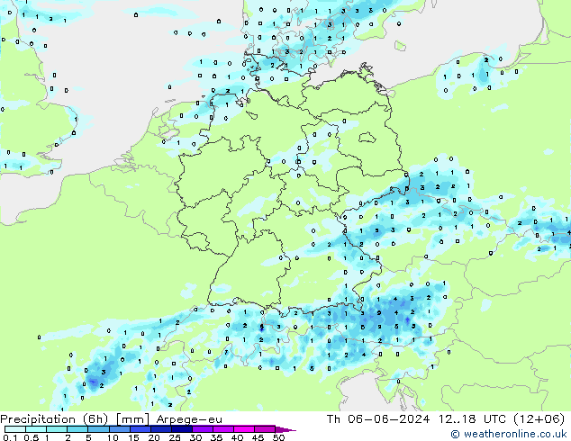 Totale neerslag (6h) Arpege-eu do 06.06.2024 18 UTC