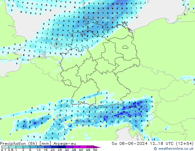 Precipitation (6h) Arpege-eu Sa 08.06.2024 18 UTC