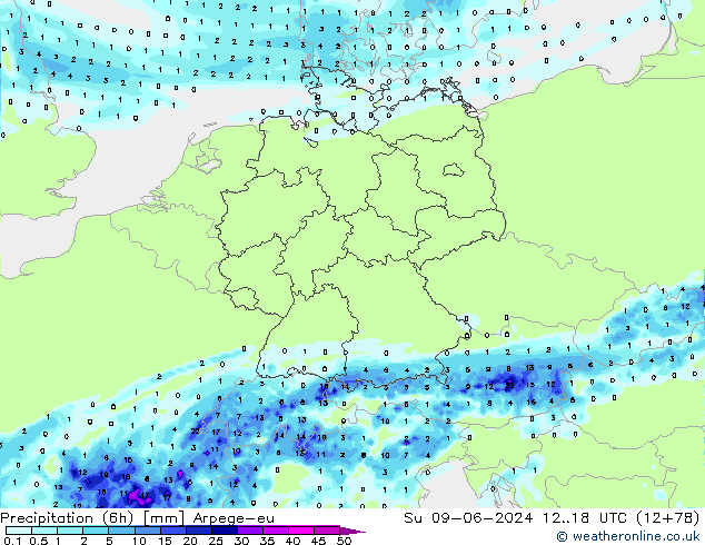 Precipitazione (6h) Arpege-eu dom 09.06.2024 18 UTC